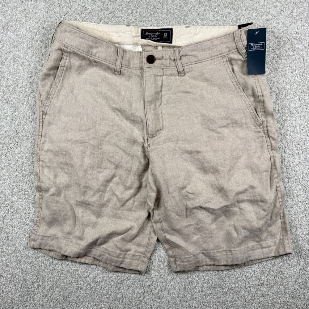 Abercrombie & Fitch Shorts Men 32 Tan 9" Inseam 100% Linen Flat Front Casual